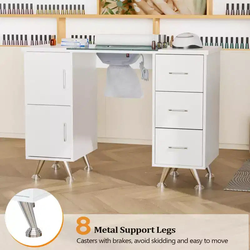 Karlhome 42.5 in. White MDF and Glass 3-Drawer Manicure Table Nail Desk with Cabinet, Electric Dust Collector