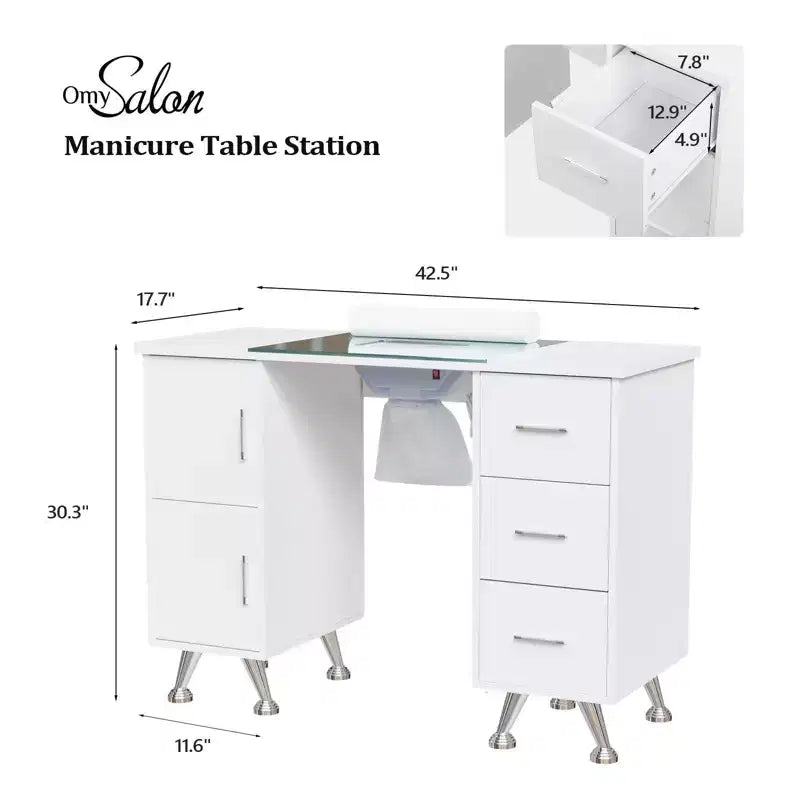 Karlhome 42.5 in. White MDF and Glass 3-Drawer Manicure Table Nail Desk with Cabinet, Electric Dust Collector