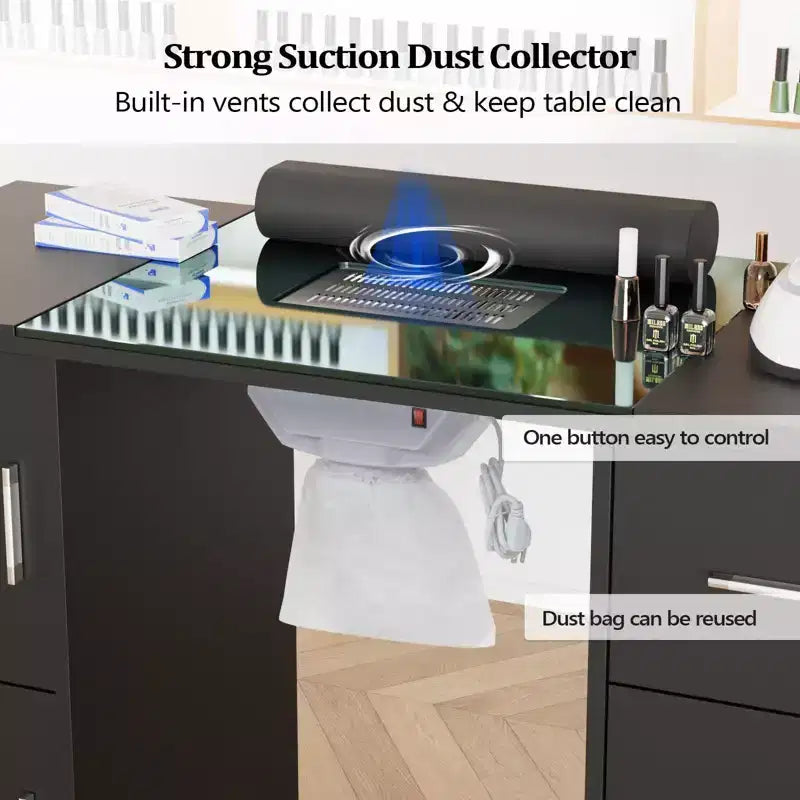 Karlhome 42.5 in. White MDF and Glass 3-Drawer Manicure Table Nail Desk with Cabinet, Electric Dust Collector