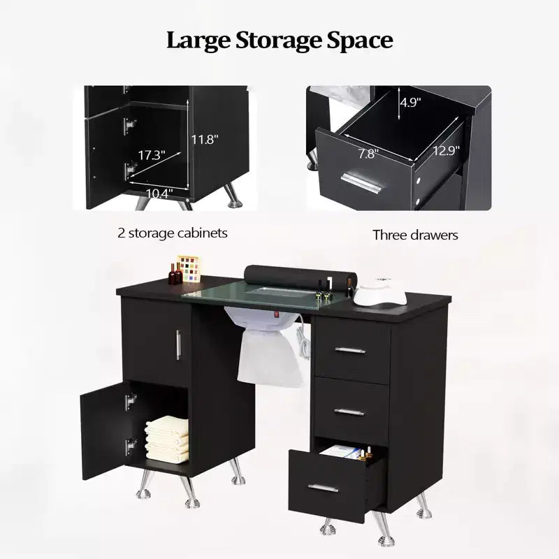 Karlhome 42.5 in. White MDF and Glass 3-Drawer Manicure Table Nail Desk with Cabinet, Electric Dust Collector