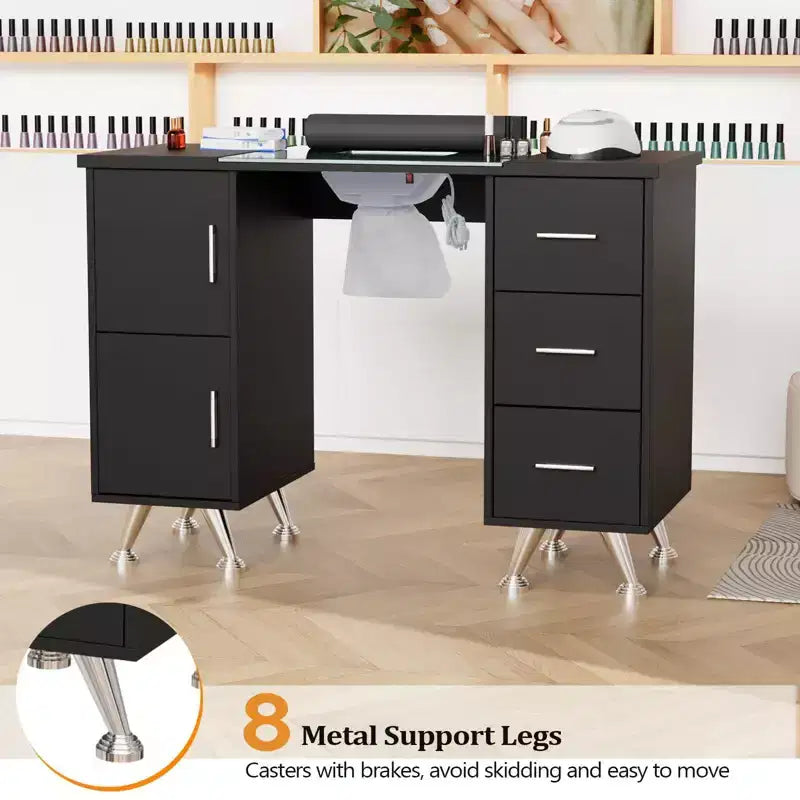 Karlhome 42.5 in. White MDF and Glass 3-Drawer Manicure Table Nail Desk with Cabinet, Electric Dust Collector