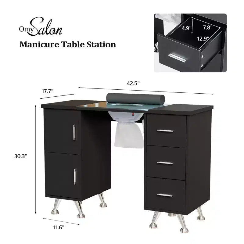 Karlhome 42.5 in. White MDF and Glass 3-Drawer Manicure Table Nail Desk with Cabinet, Electric Dust Collector