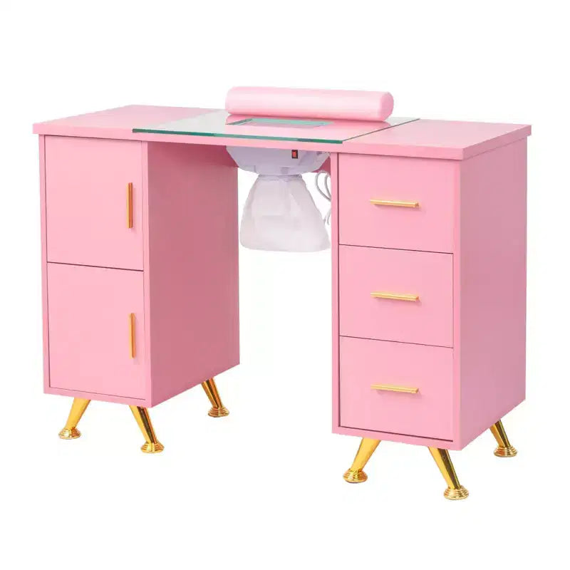 Karlhome 42.5 in. White MDF and Glass 3-Drawer Manicure Table Nail Desk with Cabinet, Electric Dust Collector