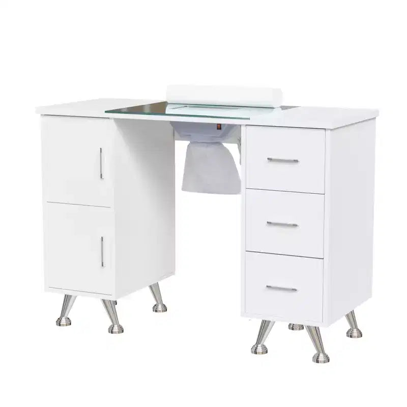 Karlhome 42.5 in. White MDF and Glass 3-Drawer Manicure Table Nail Desk with Cabinet, Electric Dust Collector