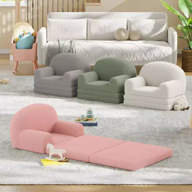 Kids Couch, 2-in-1 Convertible Teddy Fleece Fabric Toddler Sofa Chair, Soft Fold Out Couch Lounge for Kids for Birthday Gift