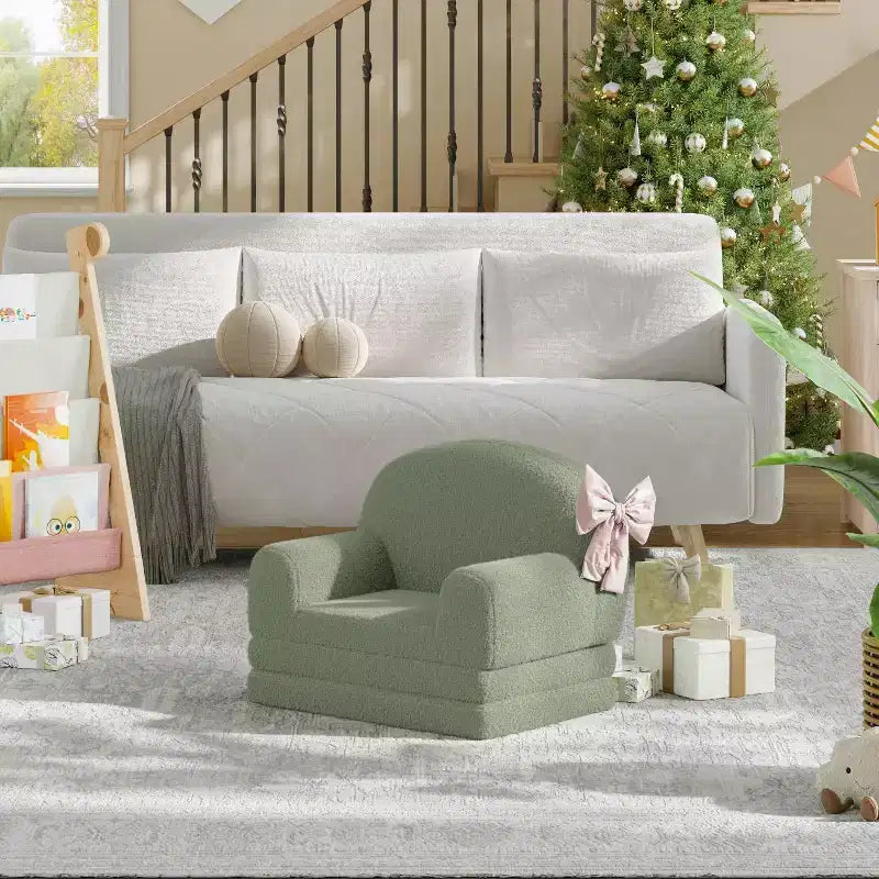 Kids Couch, 2-in-1 Convertible Teddy Fleece Fabric Toddler Sofa Chair, Soft Fold Out Couch Lounge for Kids for Birthday Gift