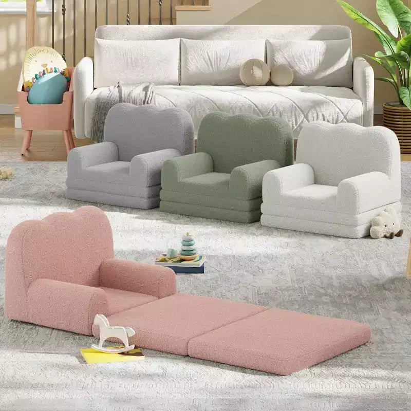 Kids Couch, 2-in-1 Convertible Teddy Fleece Fabric Toddler Sofa Chair, Soft Fold Out Couch Lounge for Kids for Birthday Gift