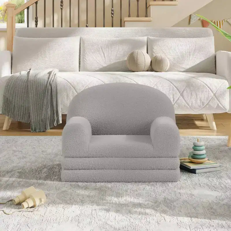 Kids Couch, 2-in-1 Convertible Teddy Fleece Fabric Toddler Sofa Chair, Soft Fold Out Couch Lounge for Kids for Birthday Gift