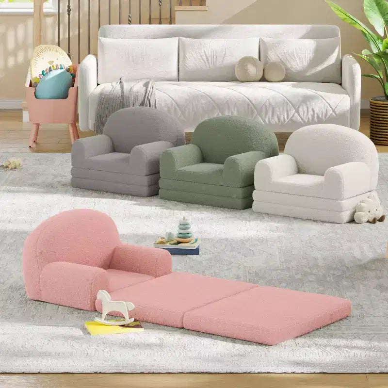 Kids Couch, 2-in-1 Convertible Teddy Fleece Fabric Toddler Sofa Chair, Soft Fold Out Couch Lounge for Kids for Birthday Gift