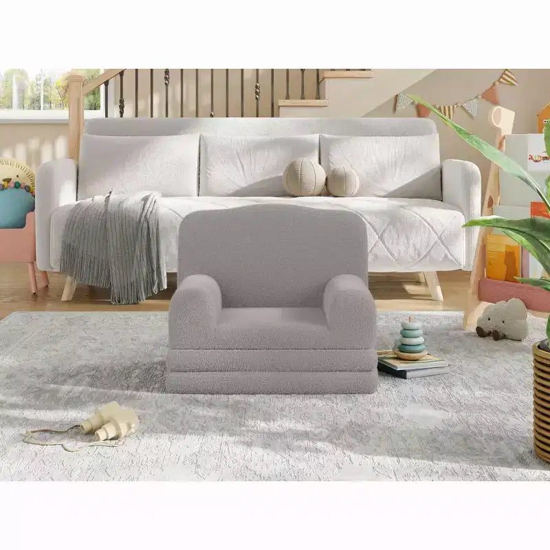 Kids Couch, 2-in-1 Convertible Teddy Fleece Fabric Toddler Sofa Chair, Soft Fold Out Couch Lounge for Kids for Birthday Gift