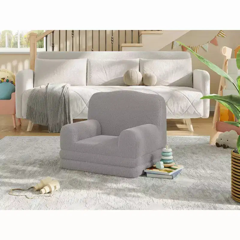 Kids Couch, 2-in-1 Convertible Teddy Fleece Fabric Toddler Sofa Chair, Soft Fold Out Couch Lounge for Kids for Birthday Gift