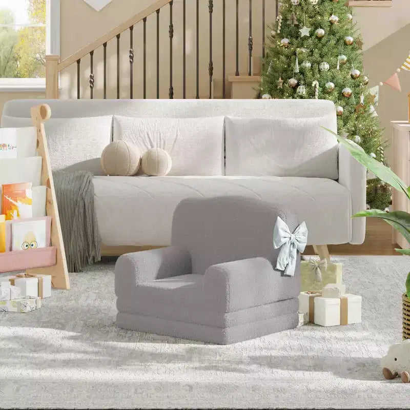 Kids Couch, 2-in-1 Convertible Teddy Fleece Fabric Toddler Sofa Chair, Soft Fold Out Couch Lounge for Kids for Birthday Gift