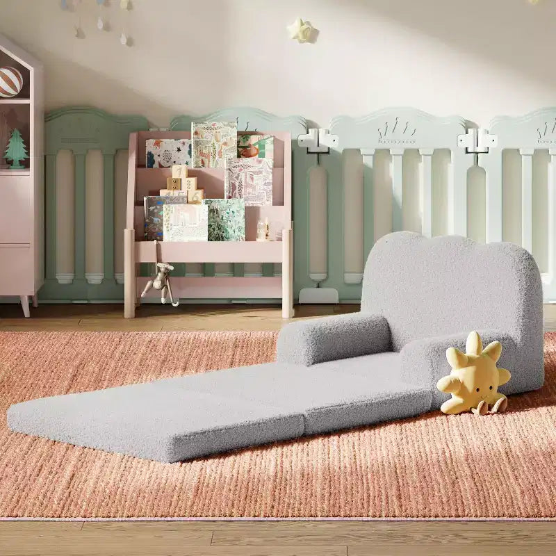 Kids Couch, 2-in-1 Convertible Teddy Fleece Fabric Toddler Sofa Chair, Soft Fold Out Couch Lounge for Kids for Birthday Gift
