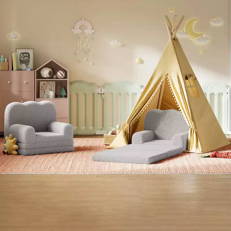 Kids Couch, 2-in-1 Convertible Teddy Fleece Fabric Toddler Sofa Chair, Soft Fold Out Couch Lounge for Kids for Birthday Gift