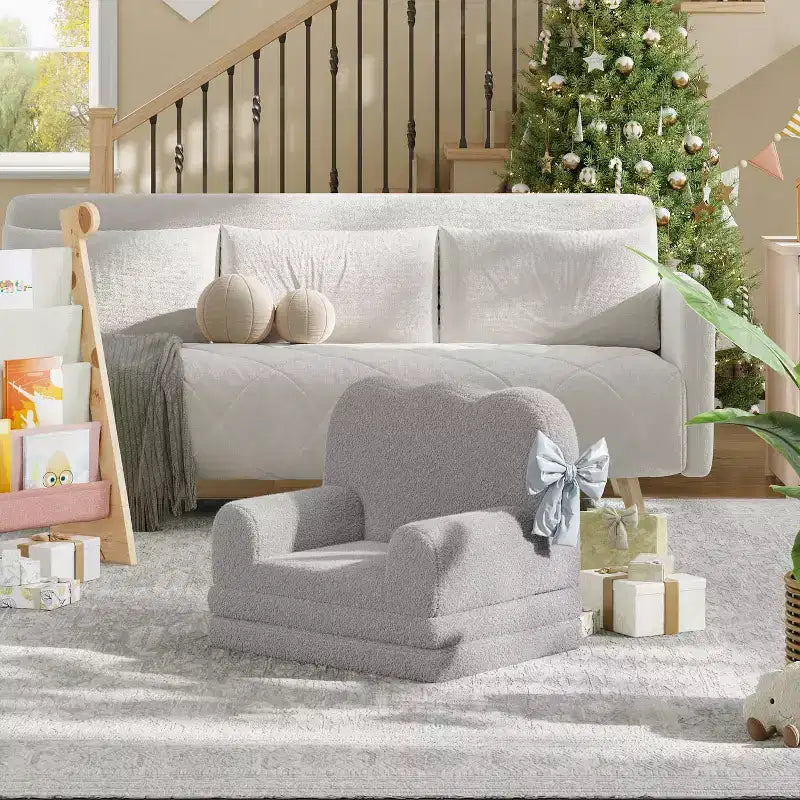 Kids Couch, 2-in-1 Convertible Teddy Fleece Fabric Toddler Sofa Chair, Soft Fold Out Couch Lounge for Kids for Birthday Gift