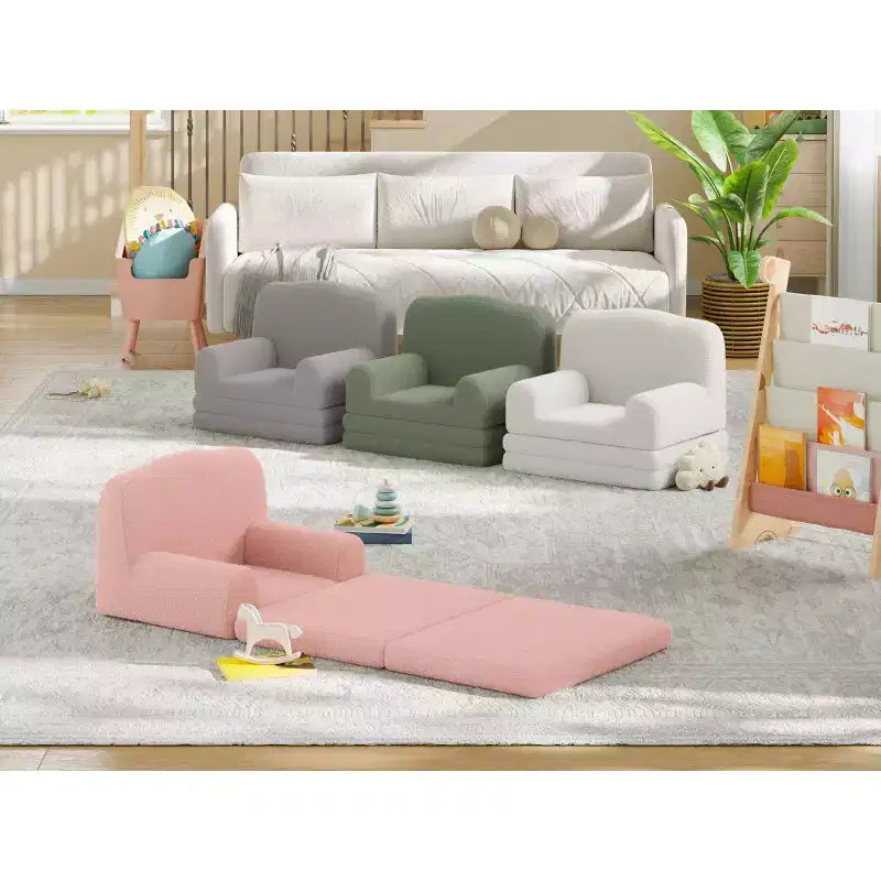 Kids Couch, 2-in-1 Convertible Teddy Fleece Fabric Toddler Sofa Chair, Soft Fold Out Couch Lounge for Kids for Birthday Gift