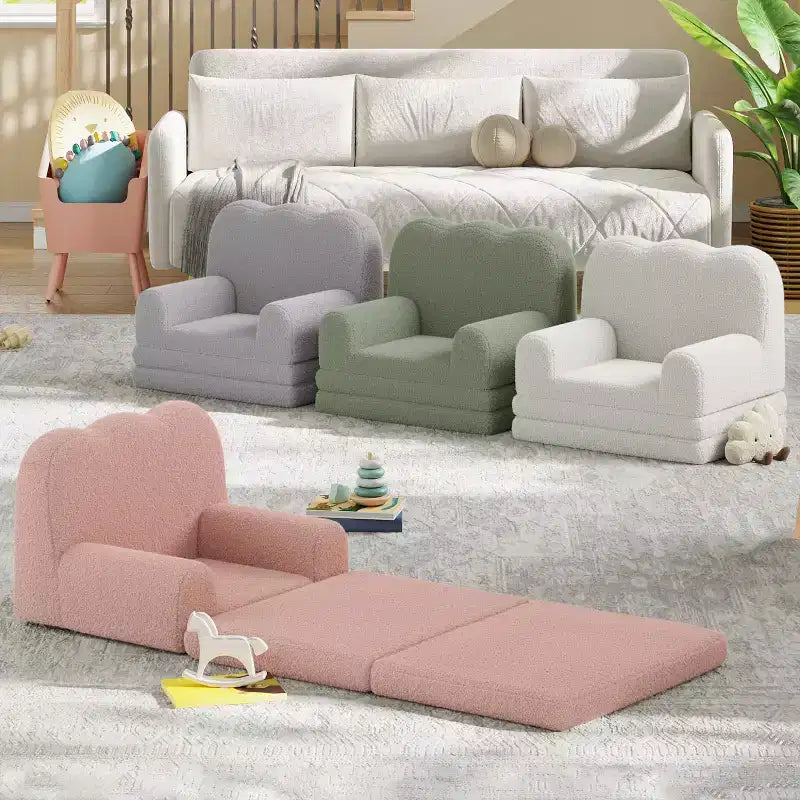 Kids Couch, 2-in-1 Convertible Teddy Fleece Fabric Toddler Sofa Chair, Soft Fold Out Couch Lounge for Kids for Birthday Gift