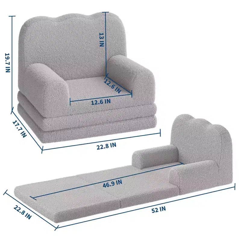 Kids Couch, 2-in-1 Convertible Teddy Fleece Fabric Toddler Sofa Chair, Soft Fold Out Couch Lounge for Kids for Birthday Gift