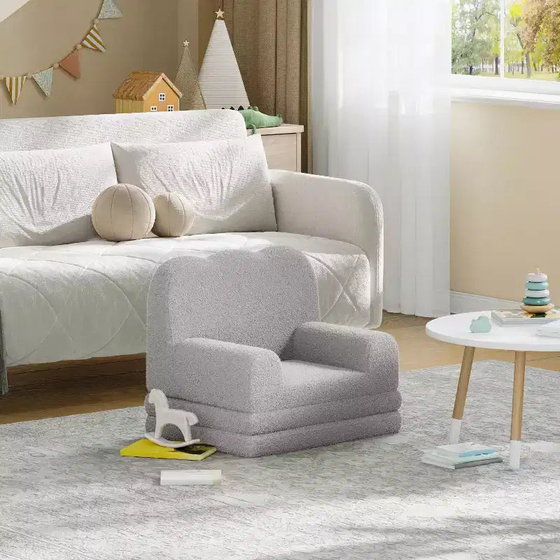 Kids Couch, 2-in-1 Convertible Teddy Fleece Fabric Toddler Sofa Chair, Soft Fold Out Couch Lounge for Kids for Birthday Gift