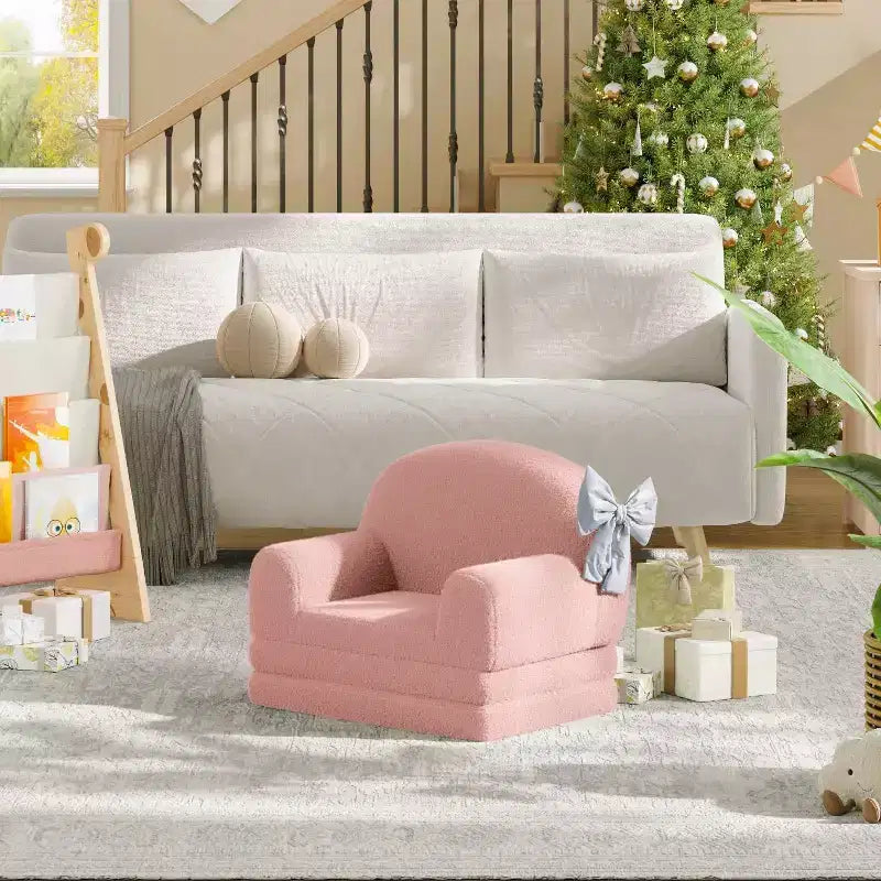 Kids Couch, 2-in-1 Convertible Teddy Fleece Fabric Toddler Sofa Chair, Soft Fold Out Couch Lounge for Kids for Birthday Gift