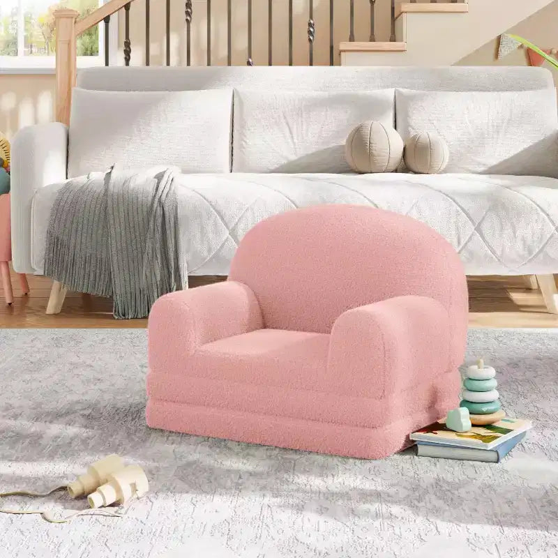 Kids Couch, 2-in-1 Convertible Teddy Fleece Fabric Toddler Sofa Chair, Soft Fold Out Couch Lounge for Kids for Birthday Gift