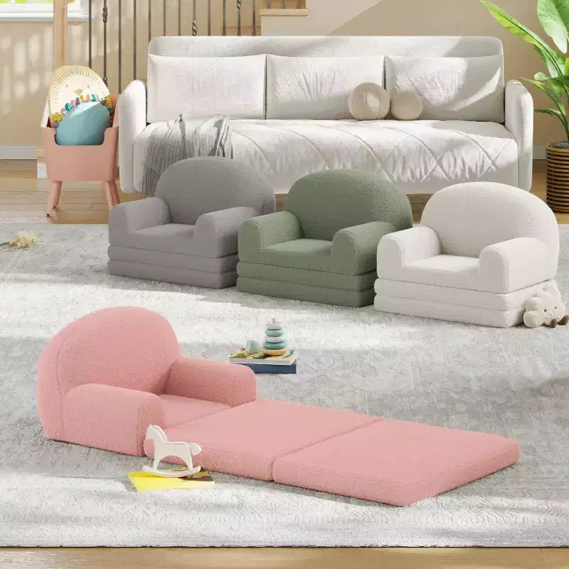 Kids Couch, 2-in-1 Convertible Teddy Fleece Fabric Toddler Sofa Chair, Soft Fold Out Couch Lounge for Kids for Birthday Gift