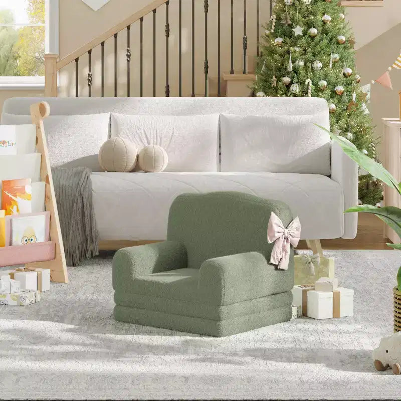 Kids Couch, 2-in-1 Convertible Teddy Fleece Fabric Toddler Sofa Chair, Soft Fold Out Couch Lounge for Kids for Birthday Gift