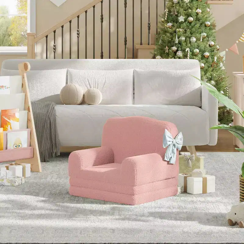 Kids Couch, 2-in-1 Convertible Teddy Fleece Fabric Toddler Sofa Chair, Soft Fold Out Couch Lounge for Kids for Birthday Gift