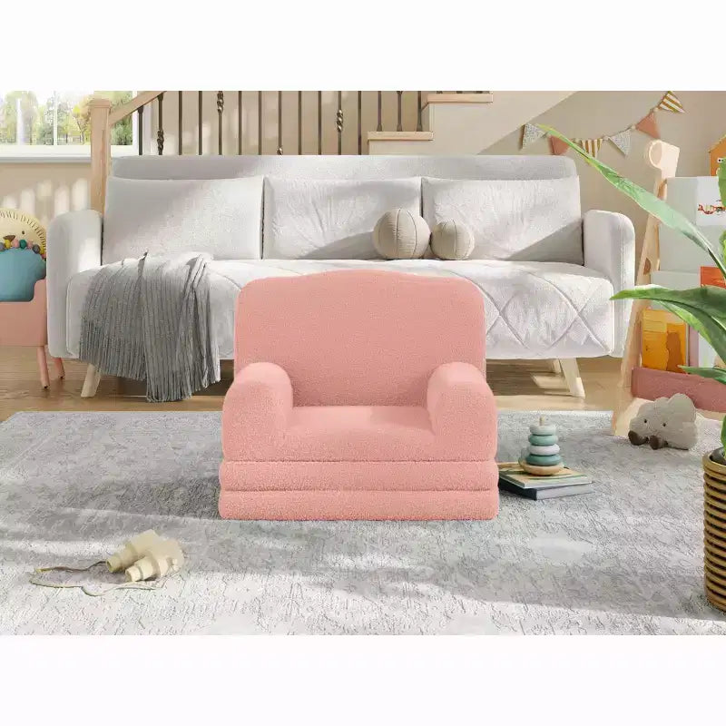 Kids Couch, 2-in-1 Convertible Teddy Fleece Fabric Toddler Sofa Chair, Soft Fold Out Couch Lounge for Kids for Birthday Gift