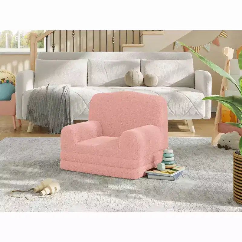 Kids Couch, 2-in-1 Convertible Teddy Fleece Fabric Toddler Sofa Chair, Soft Fold Out Couch Lounge for Kids for Birthday Gift