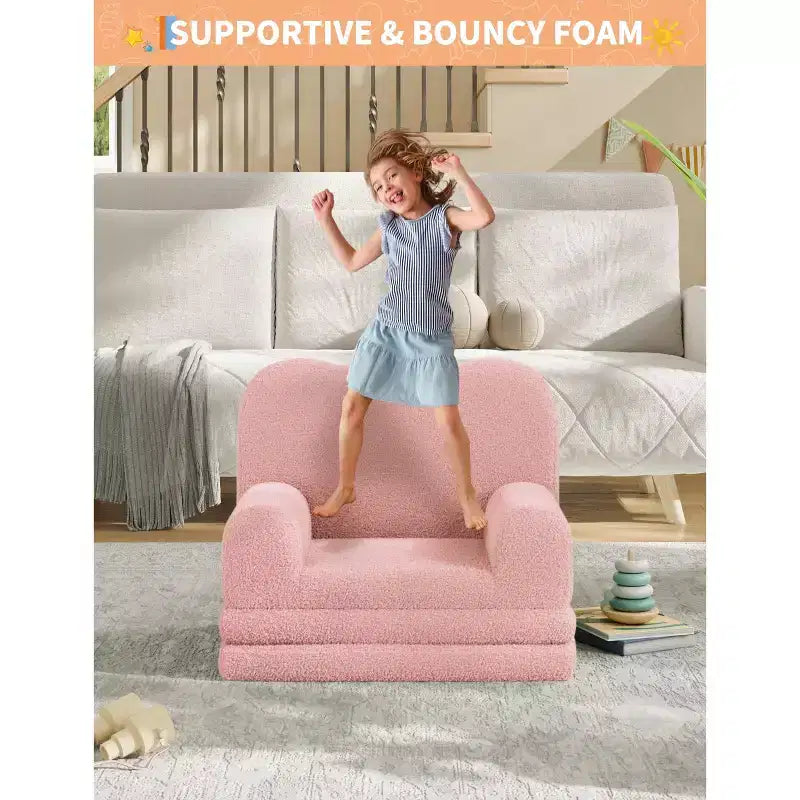 Kids Couch, 2-in-1 Convertible Teddy Fleece Fabric Toddler Sofa Chair, Soft Fold Out Couch Lounge for Kids for Birthday Gift