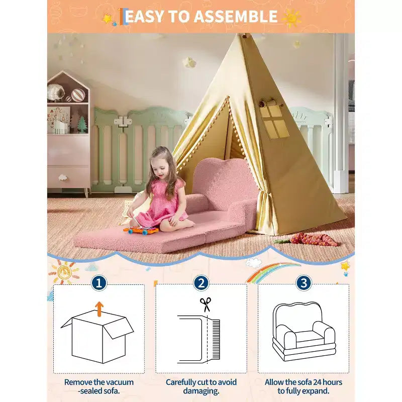 Kids Couch, 2-in-1 Convertible Teddy Fleece Fabric Toddler Sofa Chair, Soft Fold Out Couch Lounge for Kids for Birthday Gift