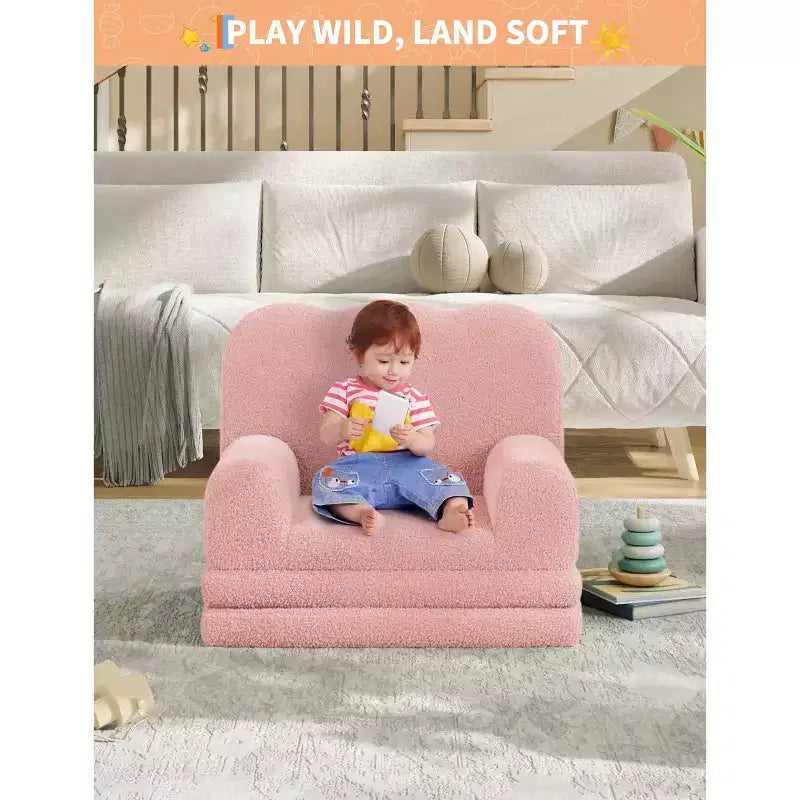 Kids Couch, 2-in-1 Convertible Teddy Fleece Fabric Toddler Sofa Chair, Soft Fold Out Couch Lounge for Kids for Birthday Gift