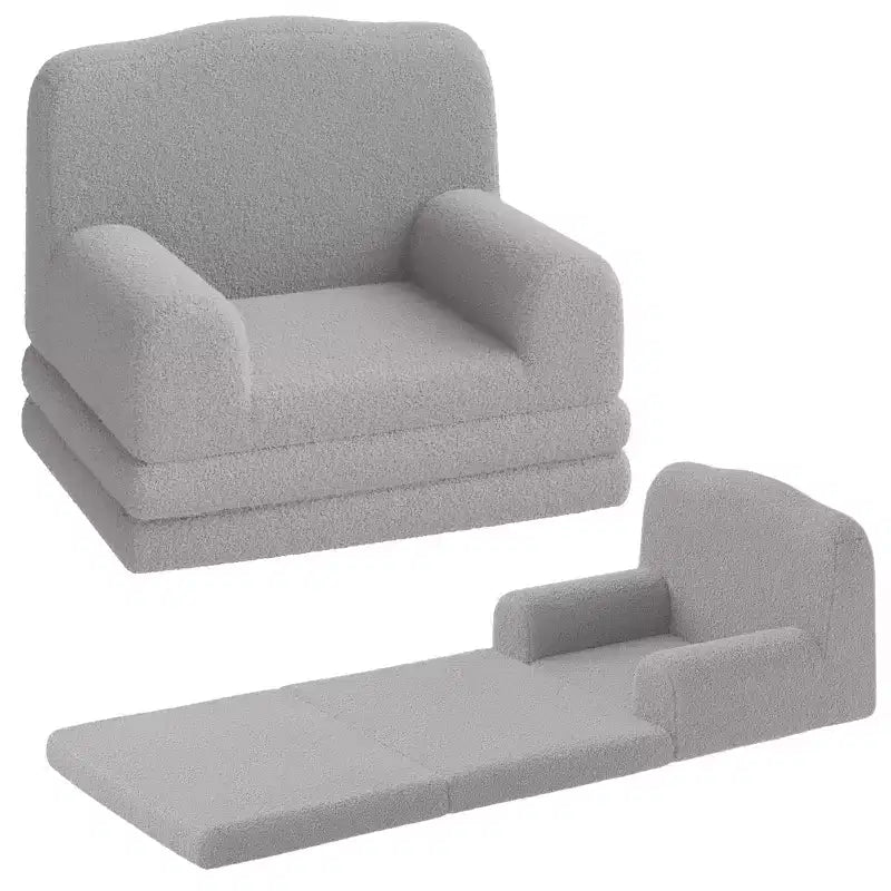 Kids Couch, 2-in-1 Convertible Teddy Fleece Fabric Toddler Sofa Chair, Soft Fold Out Couch Lounge for Kids for Birthday Gift