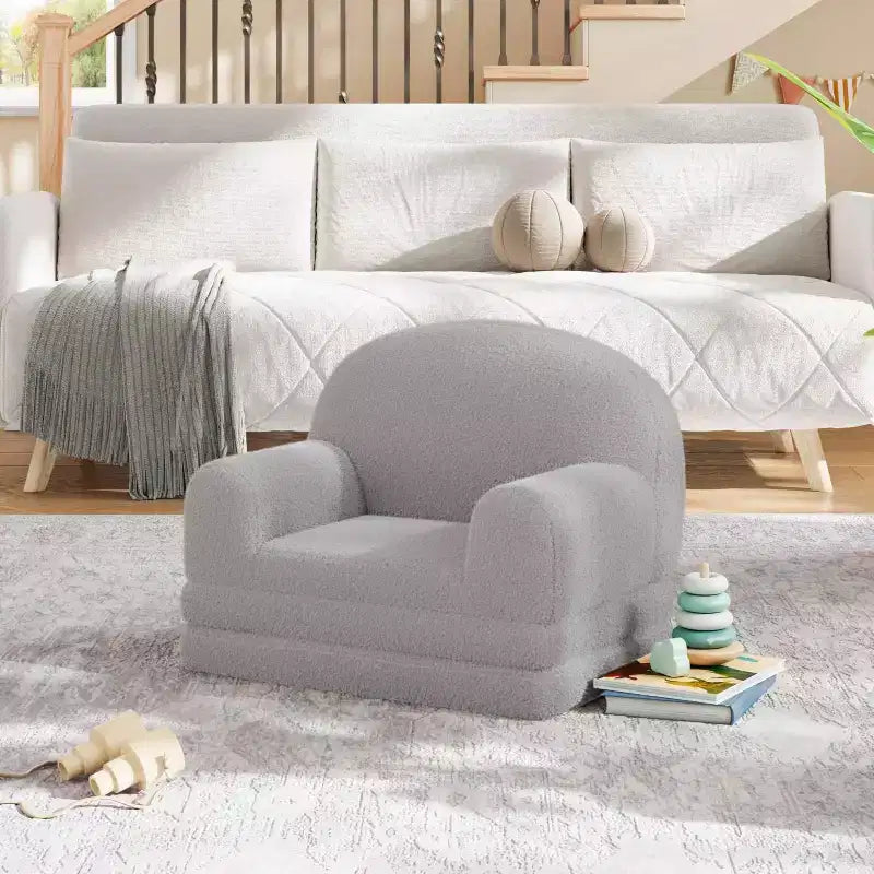 Kids Couch, 2-in-1 Convertible Teddy Fleece Fabric Toddler Sofa Chair, Soft Fold Out Couch Lounge for Kids for Birthday Gift