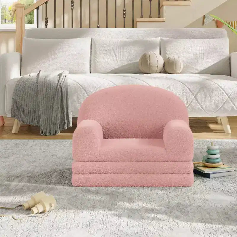 Kids Couch, 2-in-1 Convertible Teddy Fleece Fabric Toddler Sofa Chair, Soft Fold Out Couch Lounge for Kids for Birthday Gift
