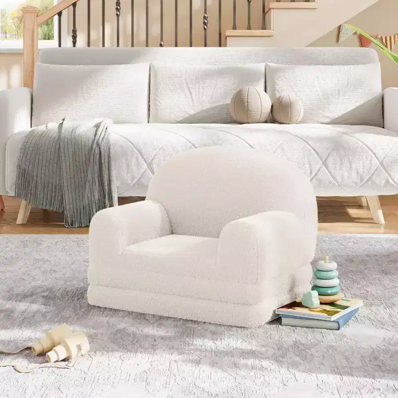 Kids Couch, 2-in-1 Convertible Teddy Fleece Fabric Toddler Sofa Chair, Soft Fold Out Couch Lounge for Kids for Birthday Gift