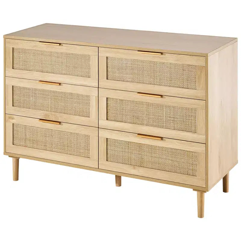 VEVOR 6 Drawer Rattan Dresser, Boho Dresser, Rattan Chest of Drawers with Spacious Storage, Natural Rattan Dresser, Wood Color