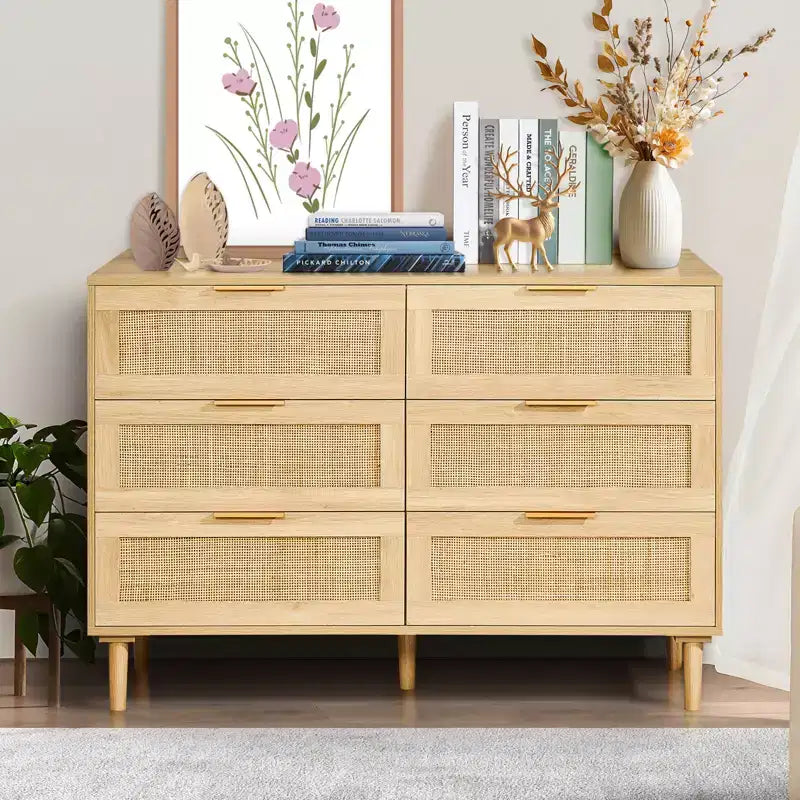 VEVOR 6 Drawer Rattan Dresser, Boho Dresser, Rattan Chest of Drawers with Spacious Storage, Natural Rattan Dresser, Wood Color