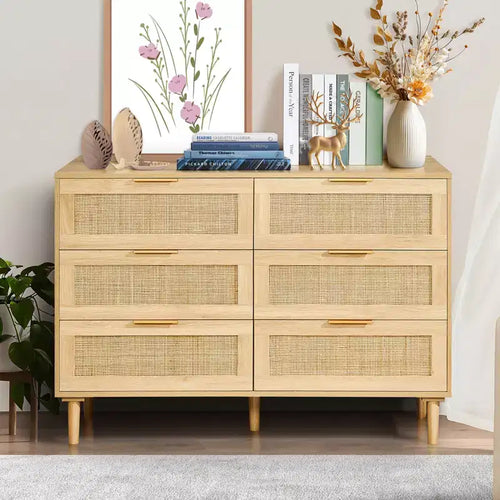 VEVOR 6 Drawer Rattan Dresser, Boho Dresser, Rattan Chest of Drawers with Spacious Storage, Natural Rattan Dresser, Wood Color