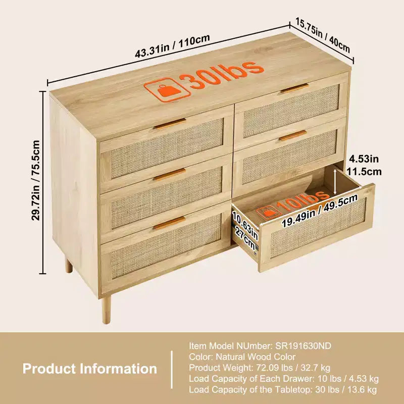 VEVOR 6 Drawer Rattan Dresser, Boho Dresser, Rattan Chest of Drawers with Spacious Storage, Natural Rattan Dresser, Wood Color