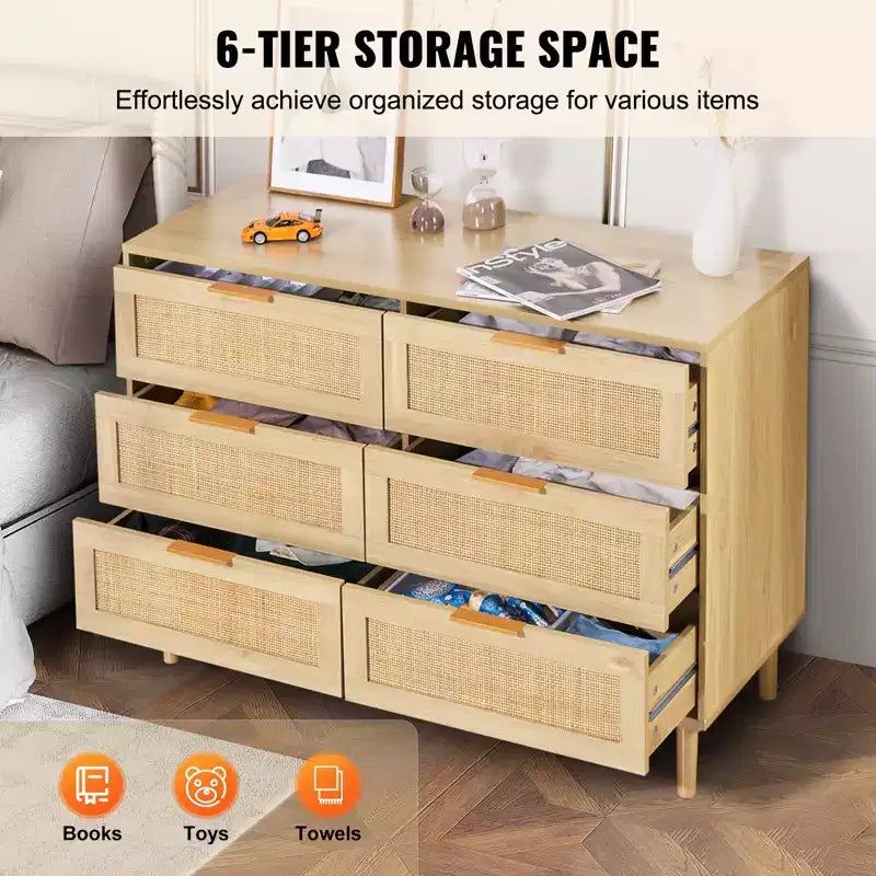 VEVOR 6 Drawer Rattan Dresser, Boho Dresser, Rattan Chest of Drawers with Spacious Storage, Natural Rattan Dresser, Wood Color