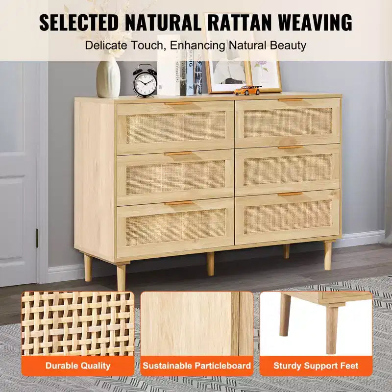 VEVOR 6 Drawer Rattan Dresser, Boho Dresser, Rattan Chest of Drawers with Spacious Storage, Natural Rattan Dresser, Wood Color