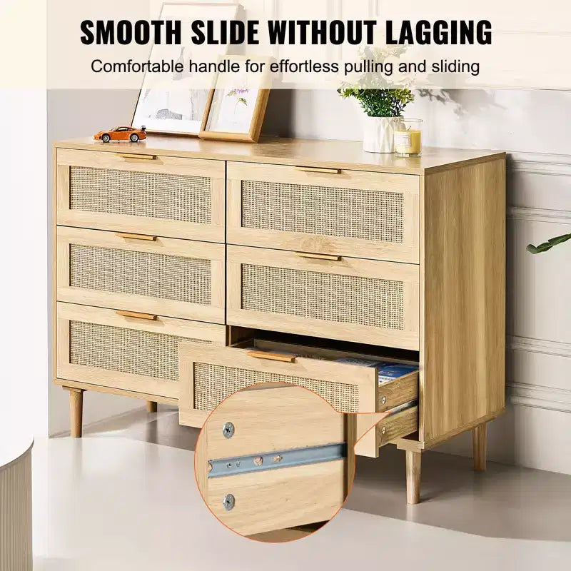 VEVOR 6 Drawer Rattan Dresser, Boho Dresser, Rattan Chest of Drawers with Spacious Storage, Natural Rattan Dresser, Wood Color