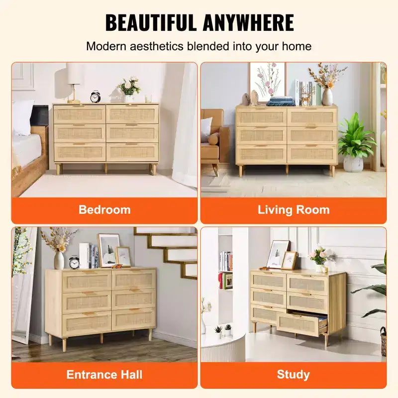 VEVOR 6 Drawer Rattan Dresser, Boho Dresser, Rattan Chest of Drawers with Spacious Storage, Natural Rattan Dresser, Wood Color