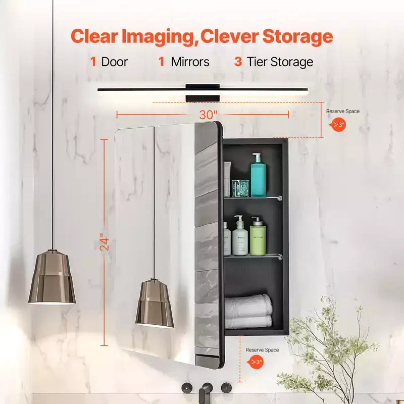 VEVOR Medicine Cabinet, 24 x 30 inch, Medicine Cabinet for Bathroom with Mirror, Aluminum Frame Bathroom Wall Cabinet, Black