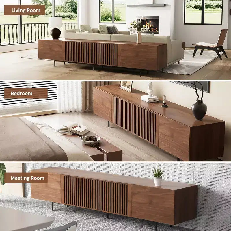 Gaoyangjiaju 70.87 Mid-Century Modern Walnut TV Stand for TVs up to 80 - Media Console with Slatted Storage Doors