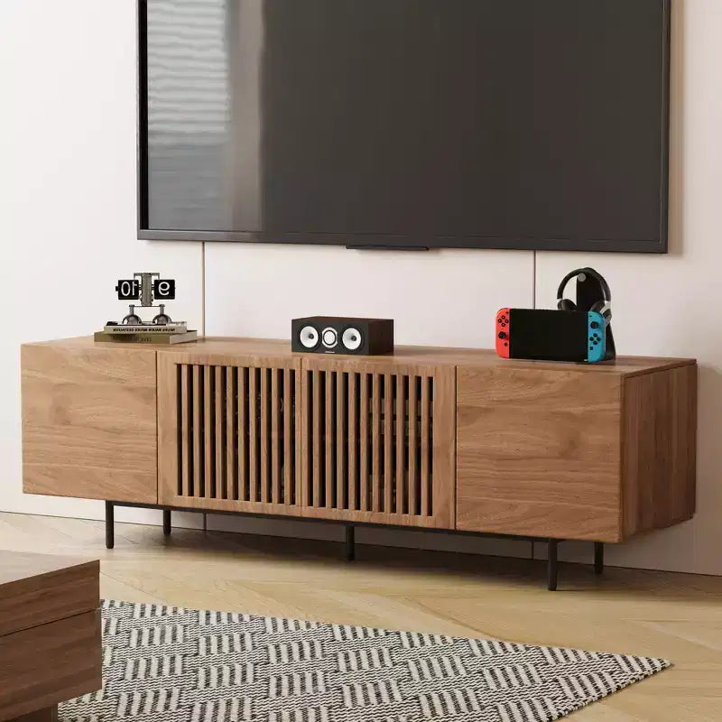 Gaoyangjiaju 70.87 Mid-Century Modern Walnut TV Stand for TVs up to 80 - Media Console with Slatted Storage Doors