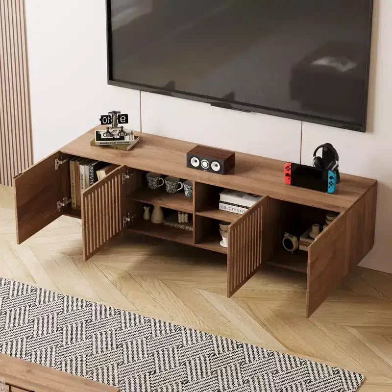 Gaoyangjiaju 70.87 Mid-Century Modern Walnut TV Stand for TVs up to 80 - Media Console with Slatted Storage Doors