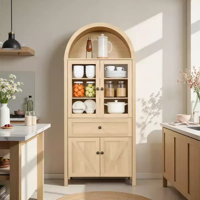 Tall Arched Pantry Storage Cabinet, Sideboard Buffet Cabinet Bookshelf Display Cabinet with Adjustable Shelves - ModernLuxe